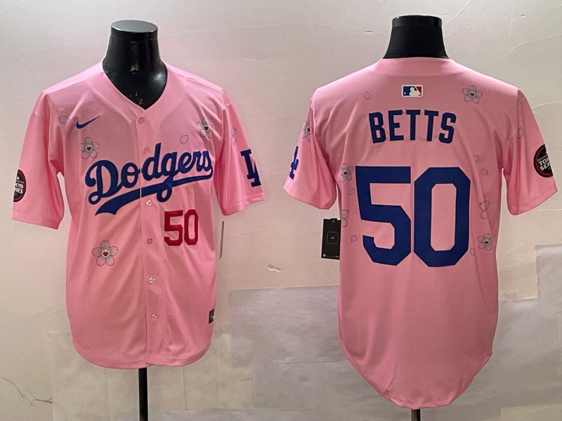 Men Los Angeles Dodgers 50 Betts Pink Sakura Edition 2025 Nike MLB Jersey style 8